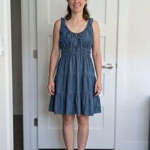 GAP Blue Sleeveless Tiered Denim Sundress with Tie Neck